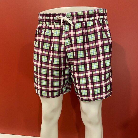 ⭐4 FOR $20⭐ Khaki Surplus Mens Purple Plaid Large Swim Trunks - Picture 1 of 3